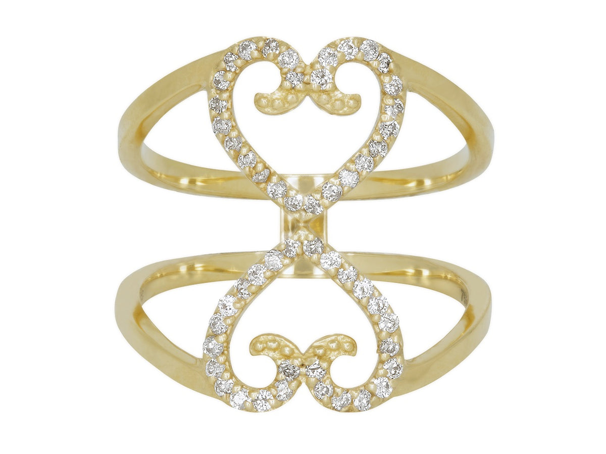 18K gold ring with two open diamond hearts
