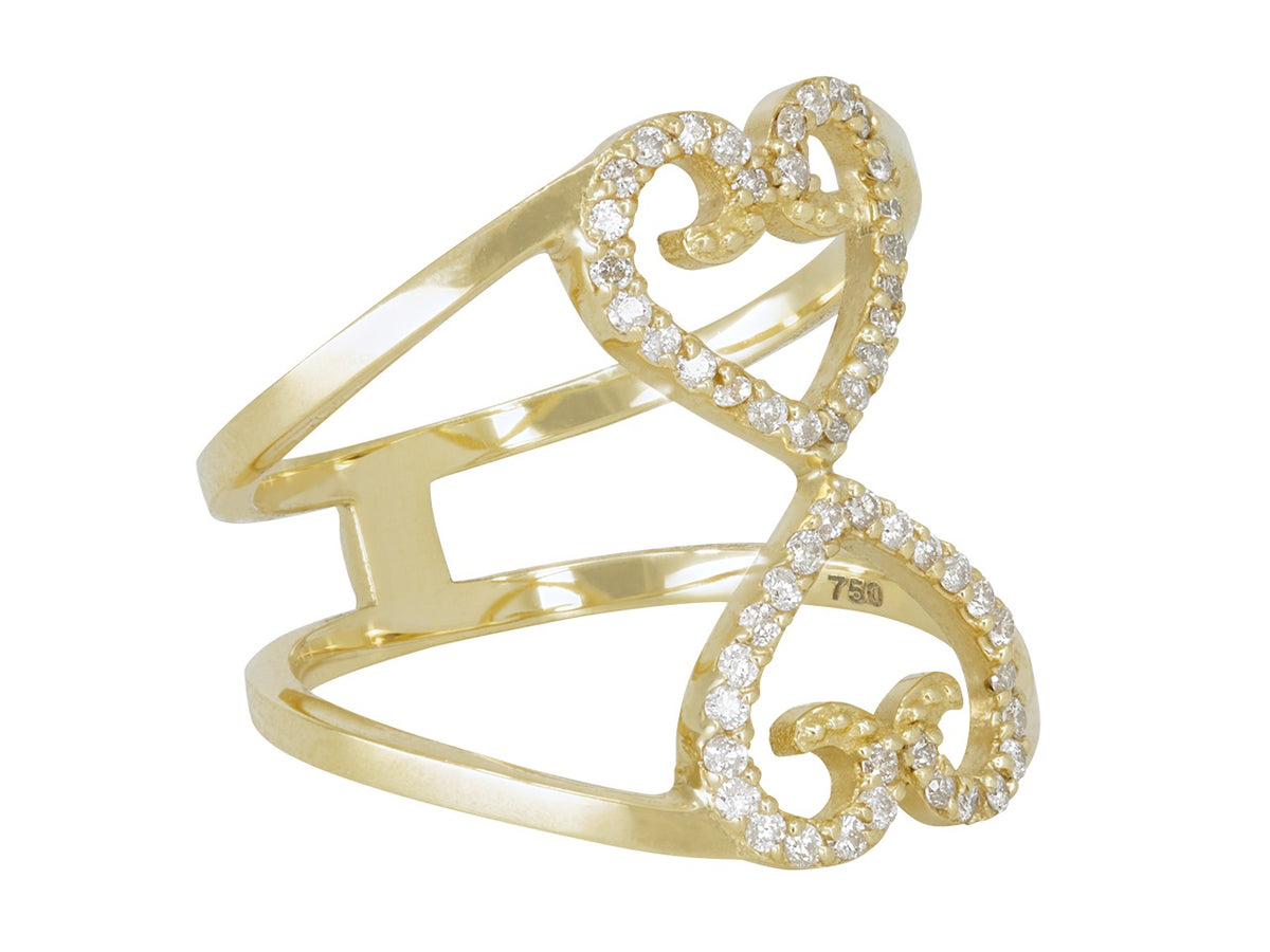 18K yellow gold ring with two open diamond hearts