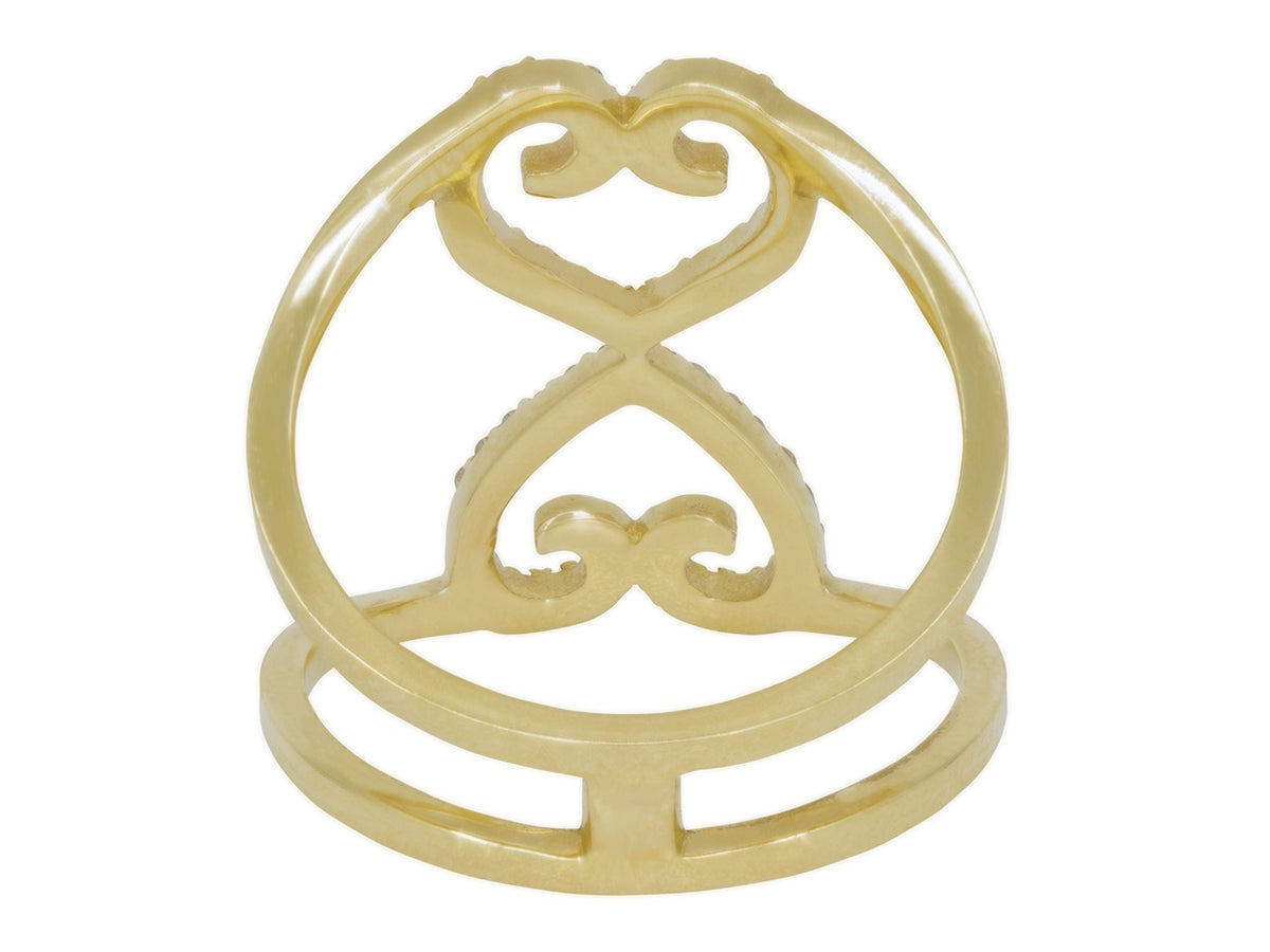 Open 18K yellow gold ring with two heart motifs