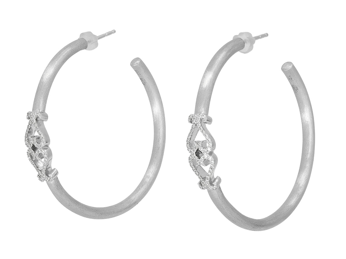 Pair of textured 18K white gold hoop earrings with diamond scrollwork