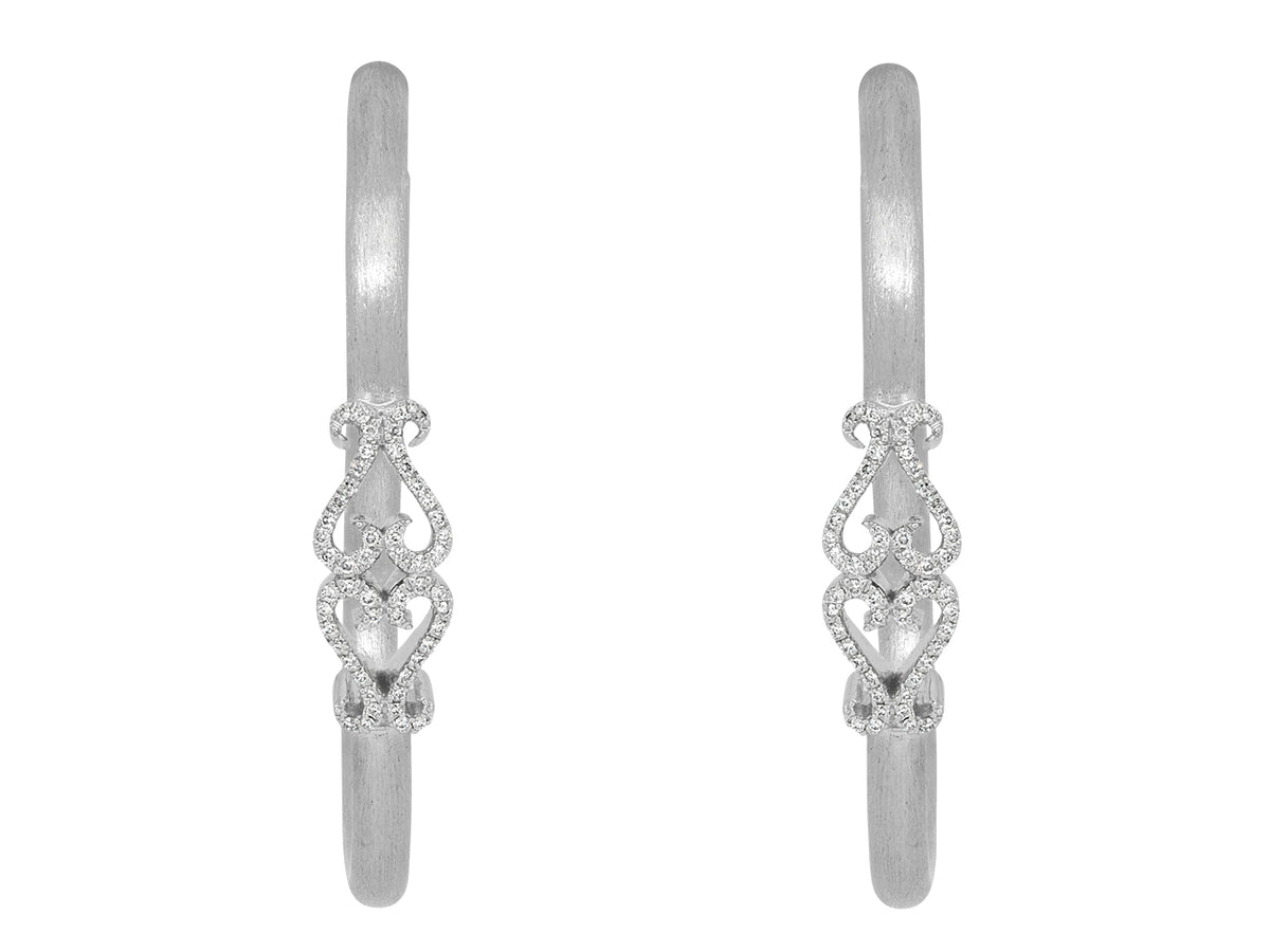 White gold hoop earrings with openwork diamond scrollwork