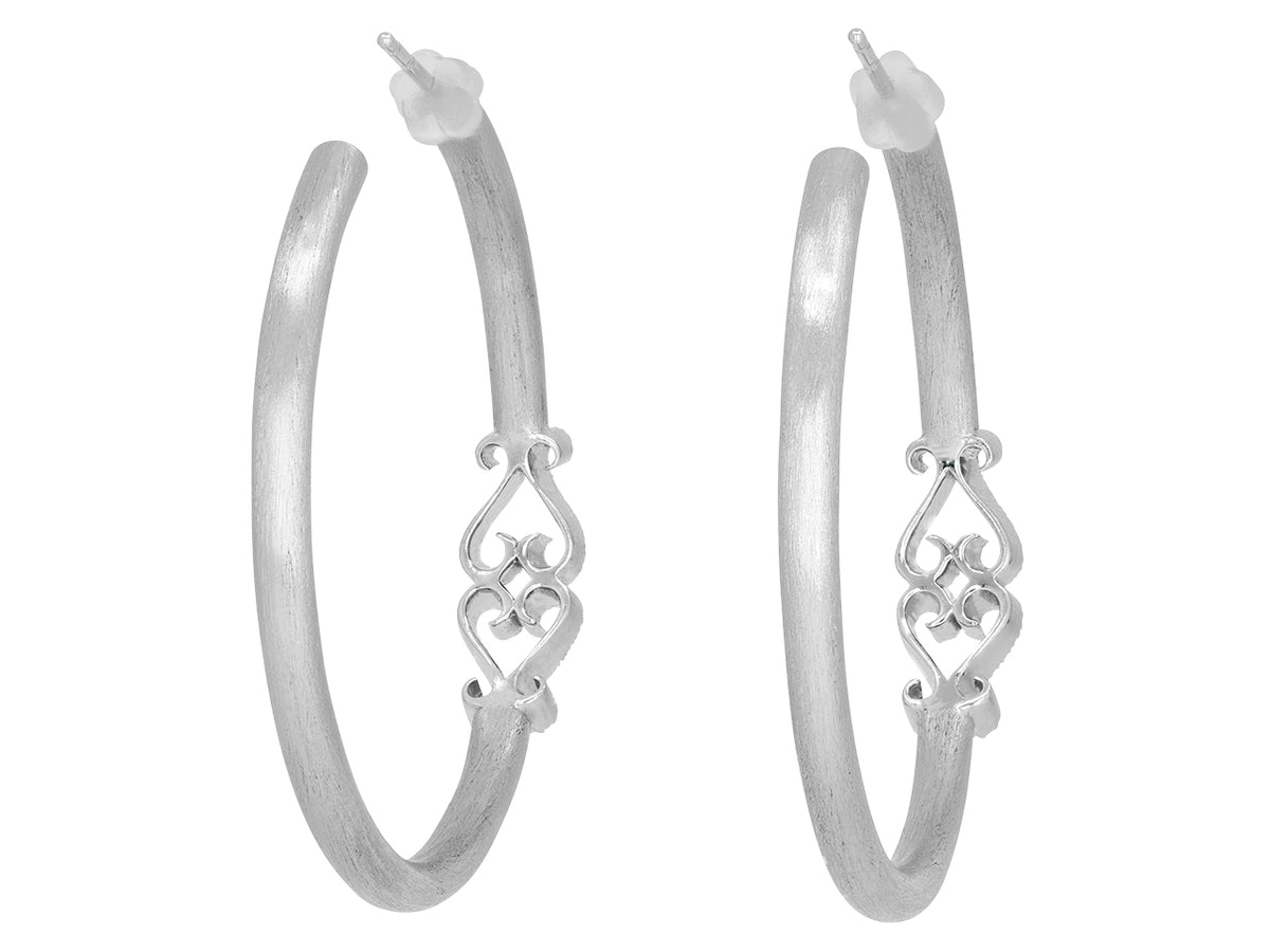 Textured 18K white gold hoop earrings with openwork diamond scroll details