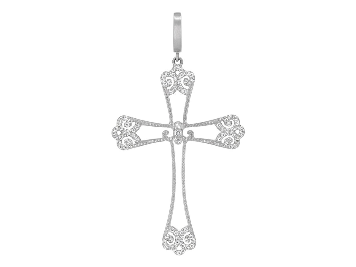 18K white gold filigree cross pendant with diamonds