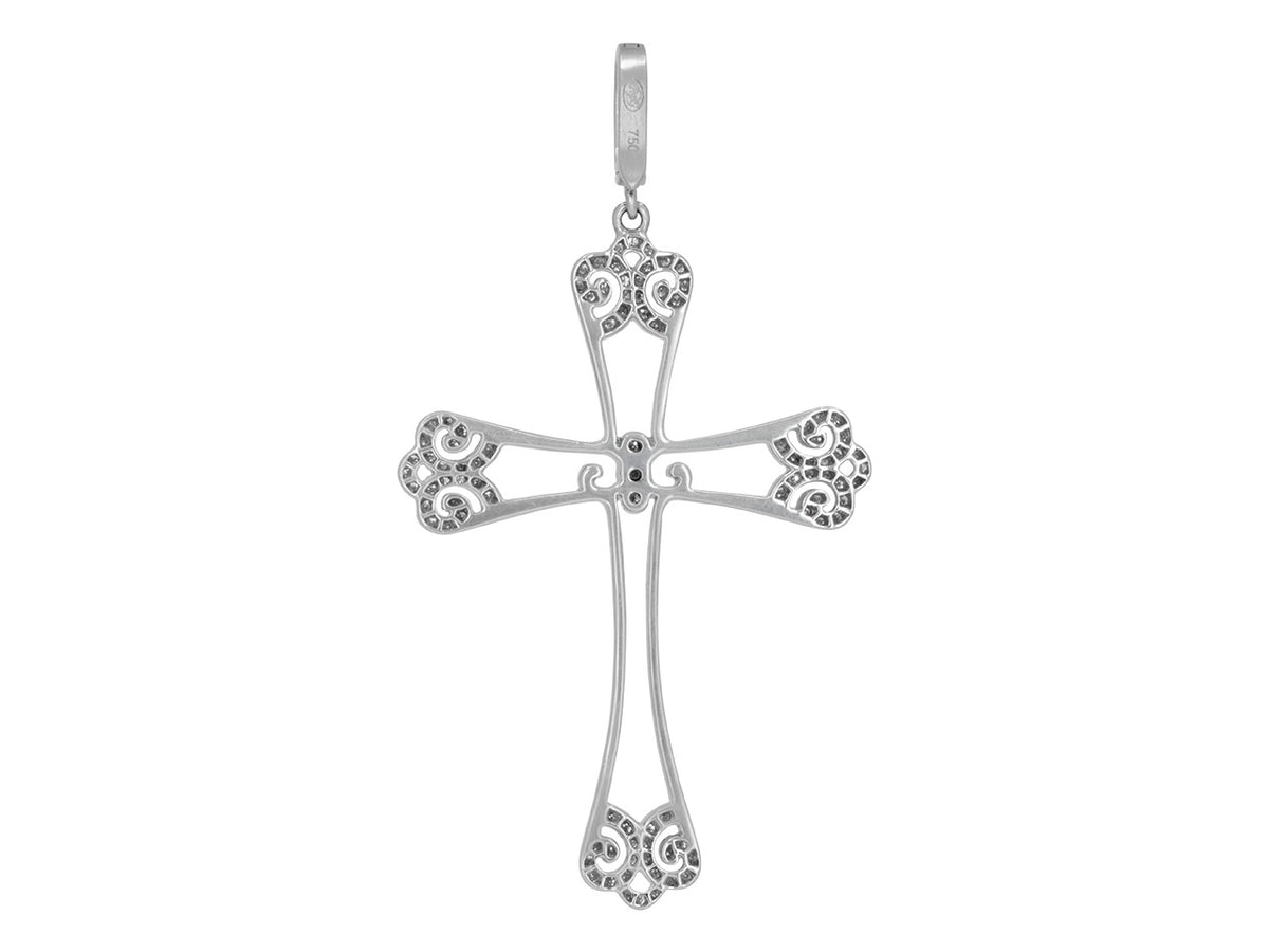 White gold filigree cross pendant with diamond accents