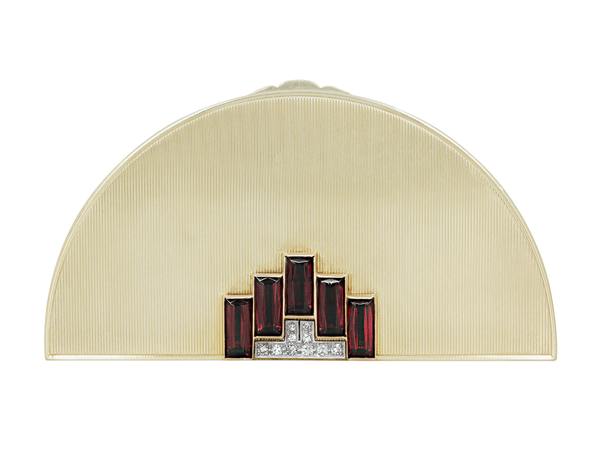 Fluted 14K gold half moon box with garnets and diamonds
