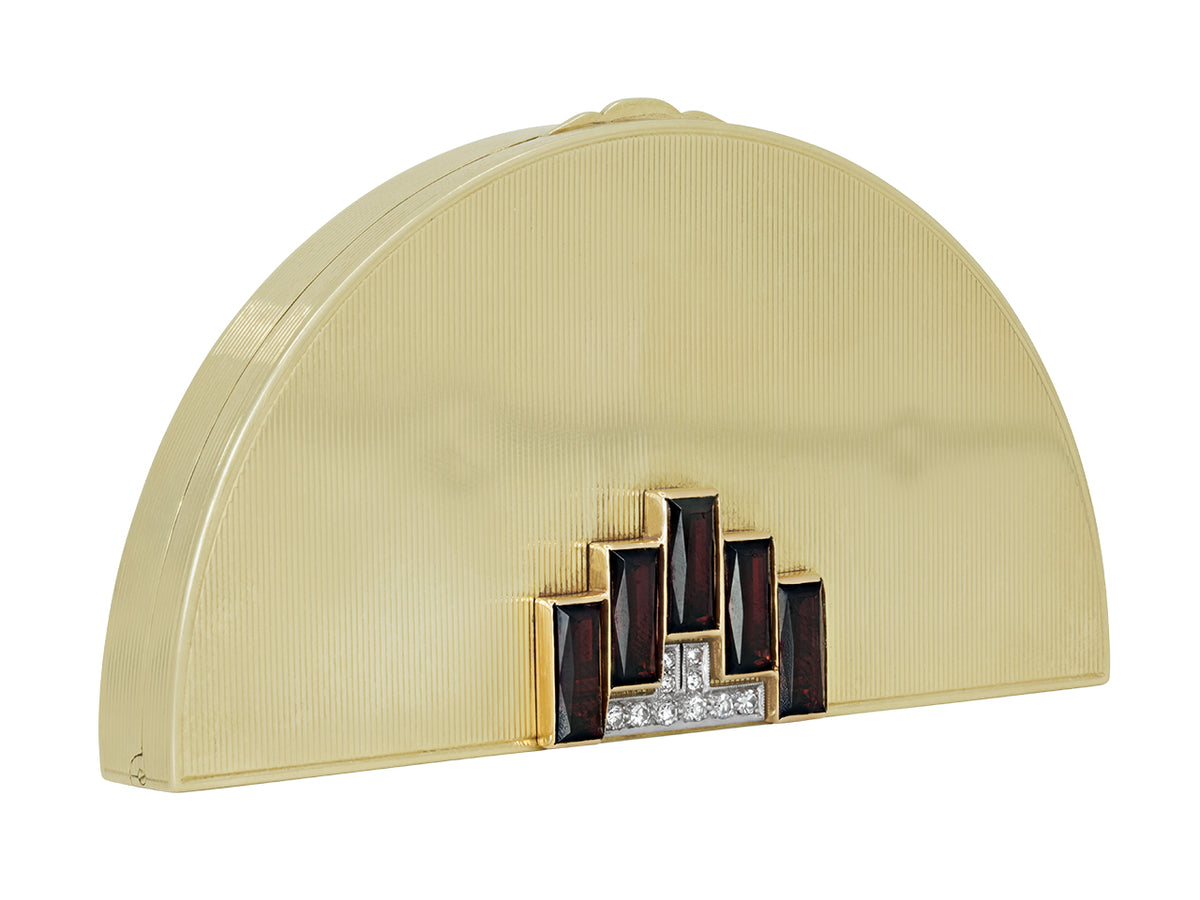 Fluted 14K gold half moon box with garnet and diamond accents