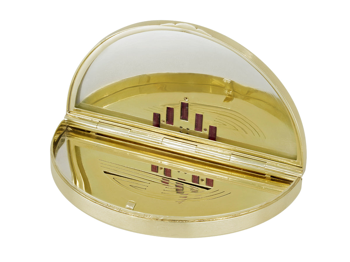 Open 14K gold half moon box with garnet accents