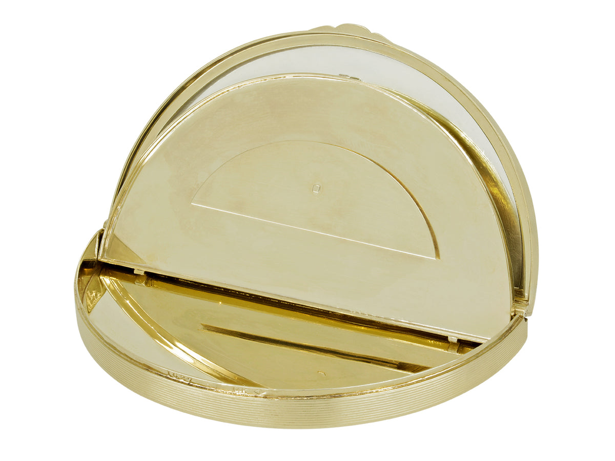 Open 14K gold half moon box with picture frame lid