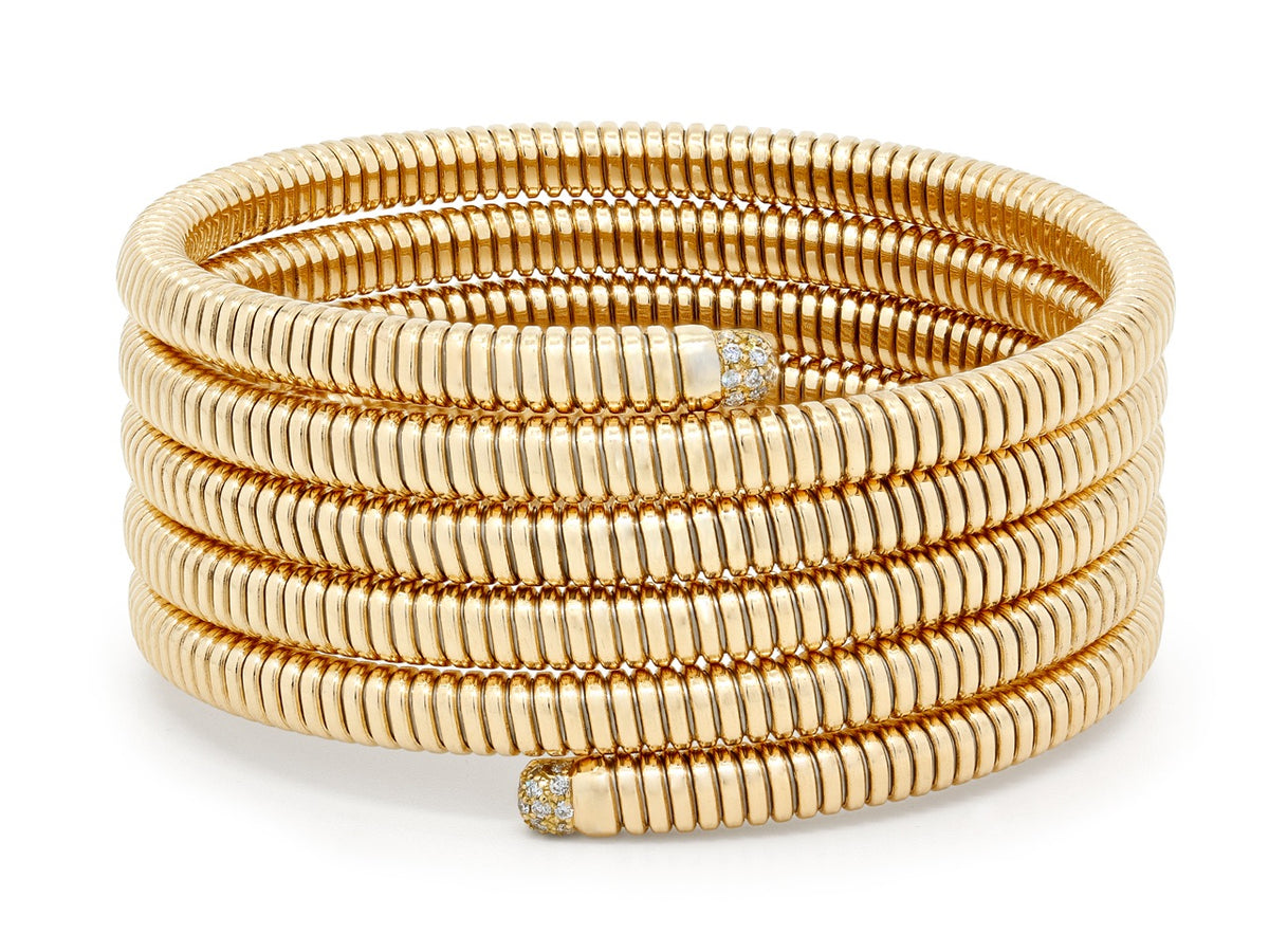 Five row 18K gold tubogas wrap bracelet with diamond terminals