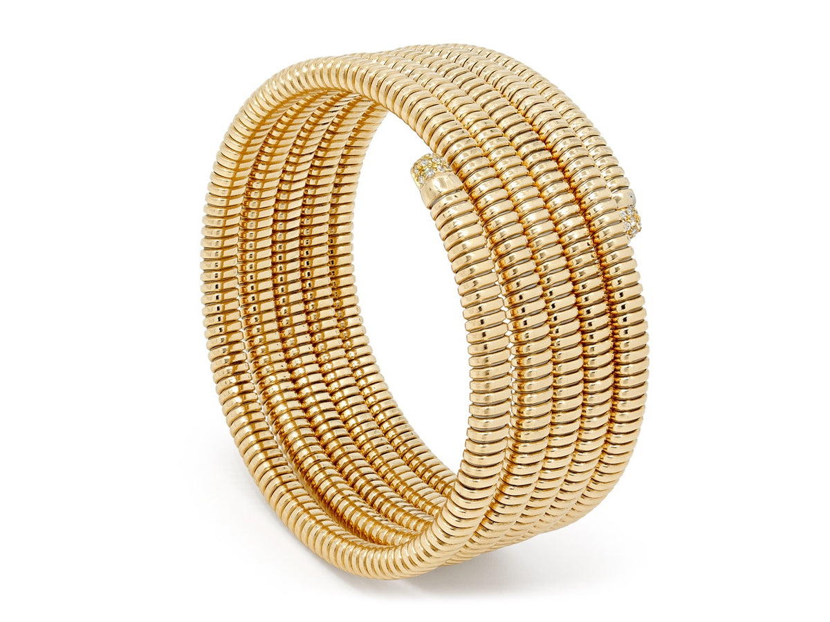 Five row gold tubogas wrap bracelet with diamond terminals