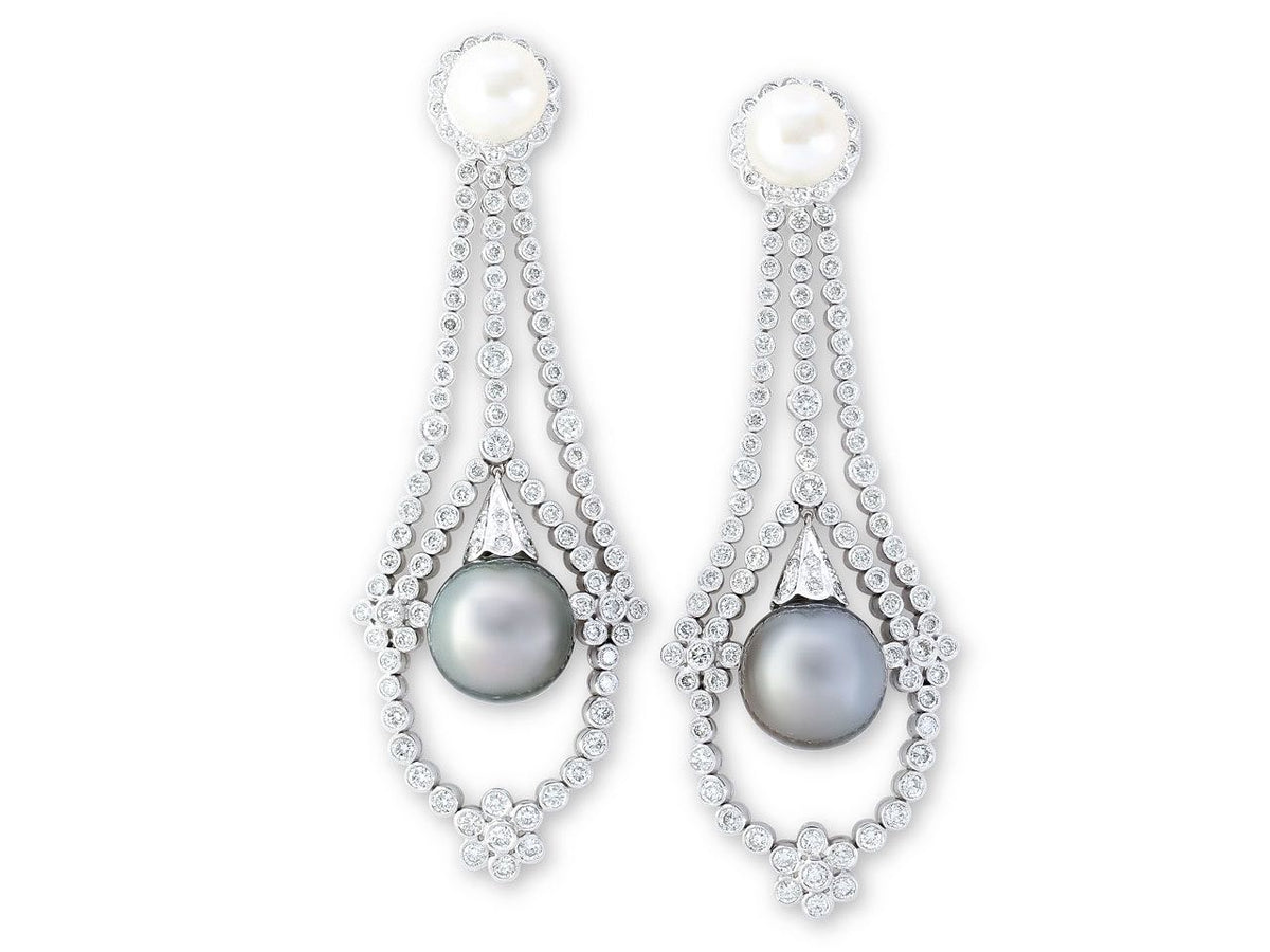 Diamond and Tahitian pearl drop earrings in 18K white gold