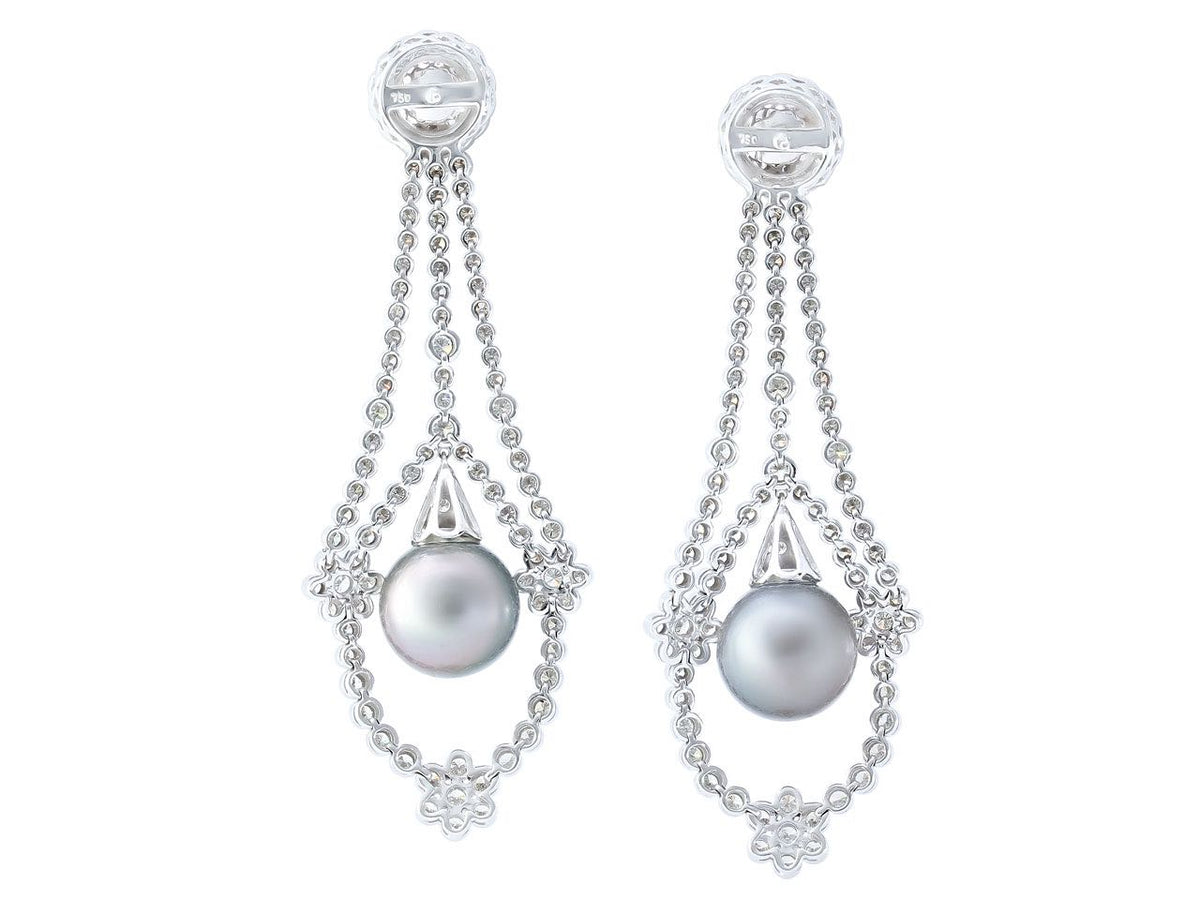 Diamond and Tahitian pearl drop earrings in 18K white gold
