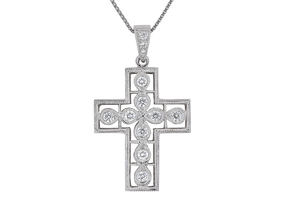 Diamond set cross pendant in white gold on chain