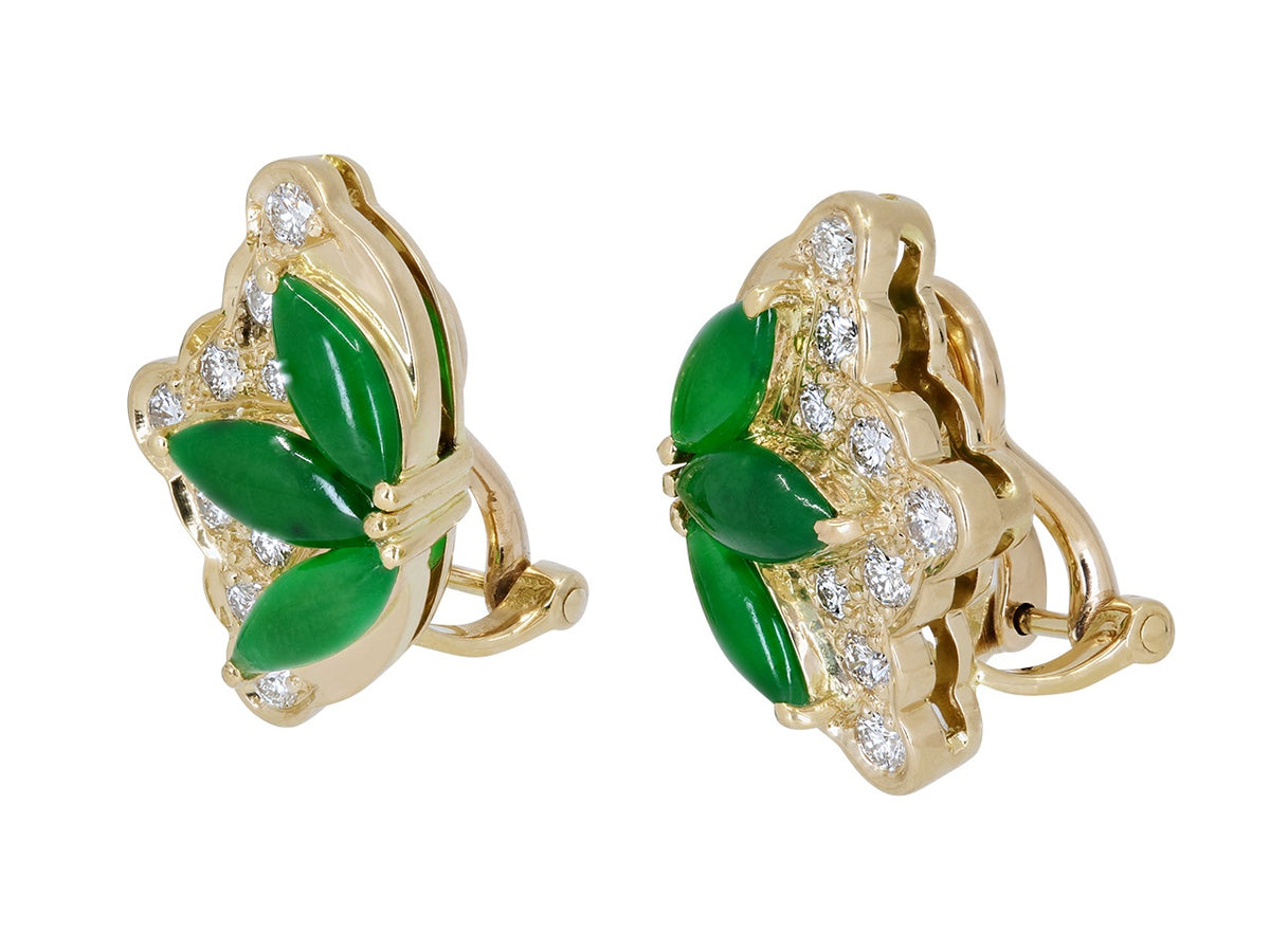 Fan shaped jade and diamond earrings in 18K gold