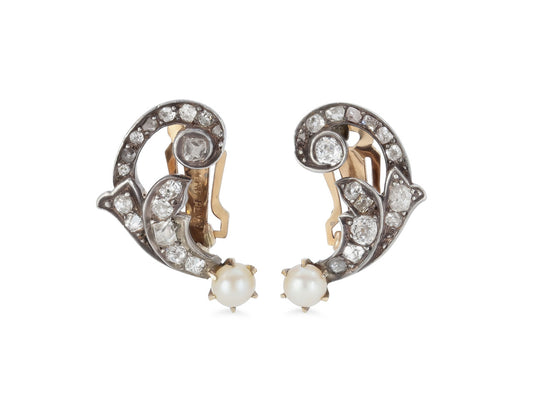 Antique Belle Epoque Diamond Earclips in Silver Over Gold