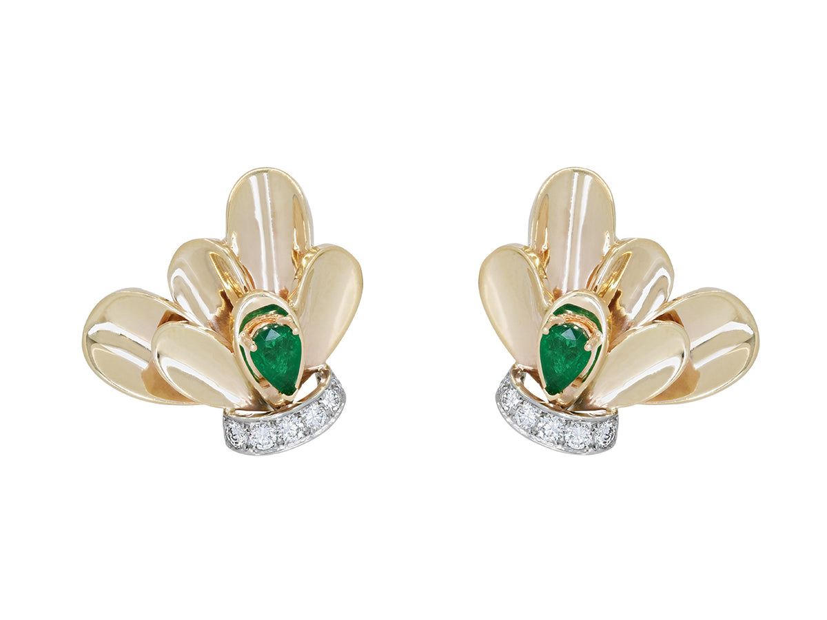 14K gold fan earrings with pear shaped emeralds and diamonds
