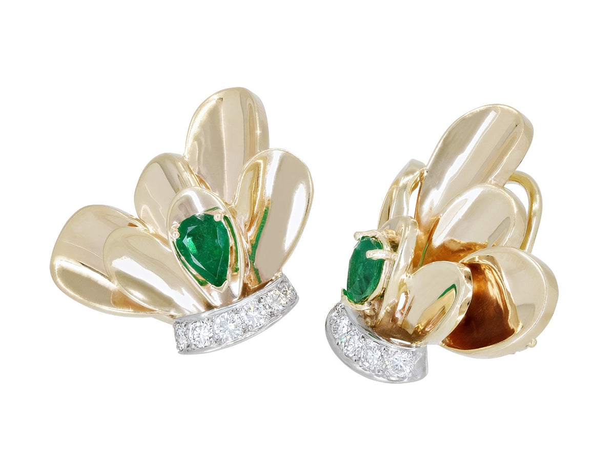 Pair of yellow gold fan earclips with emeralds and diamonds