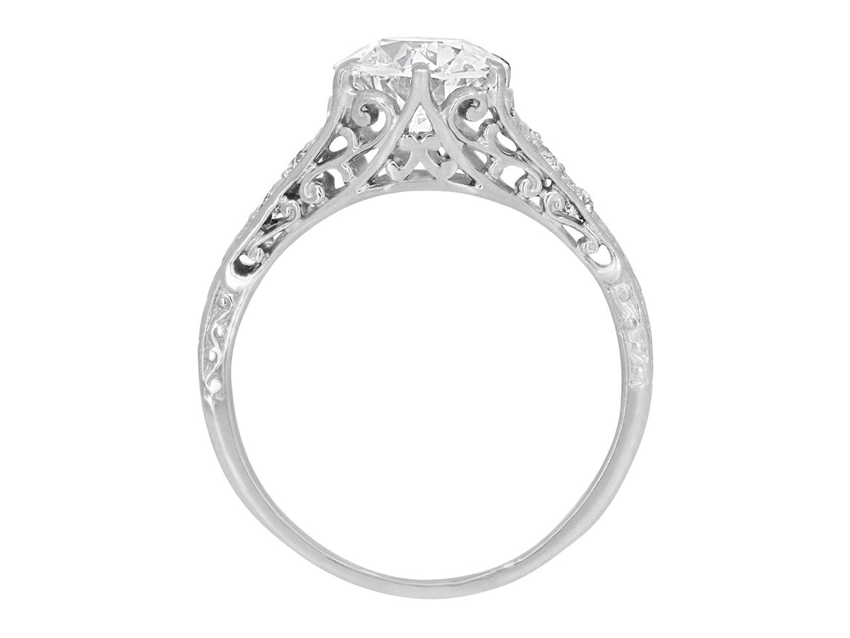 Side view of platinum diamond ring with pierced gallery