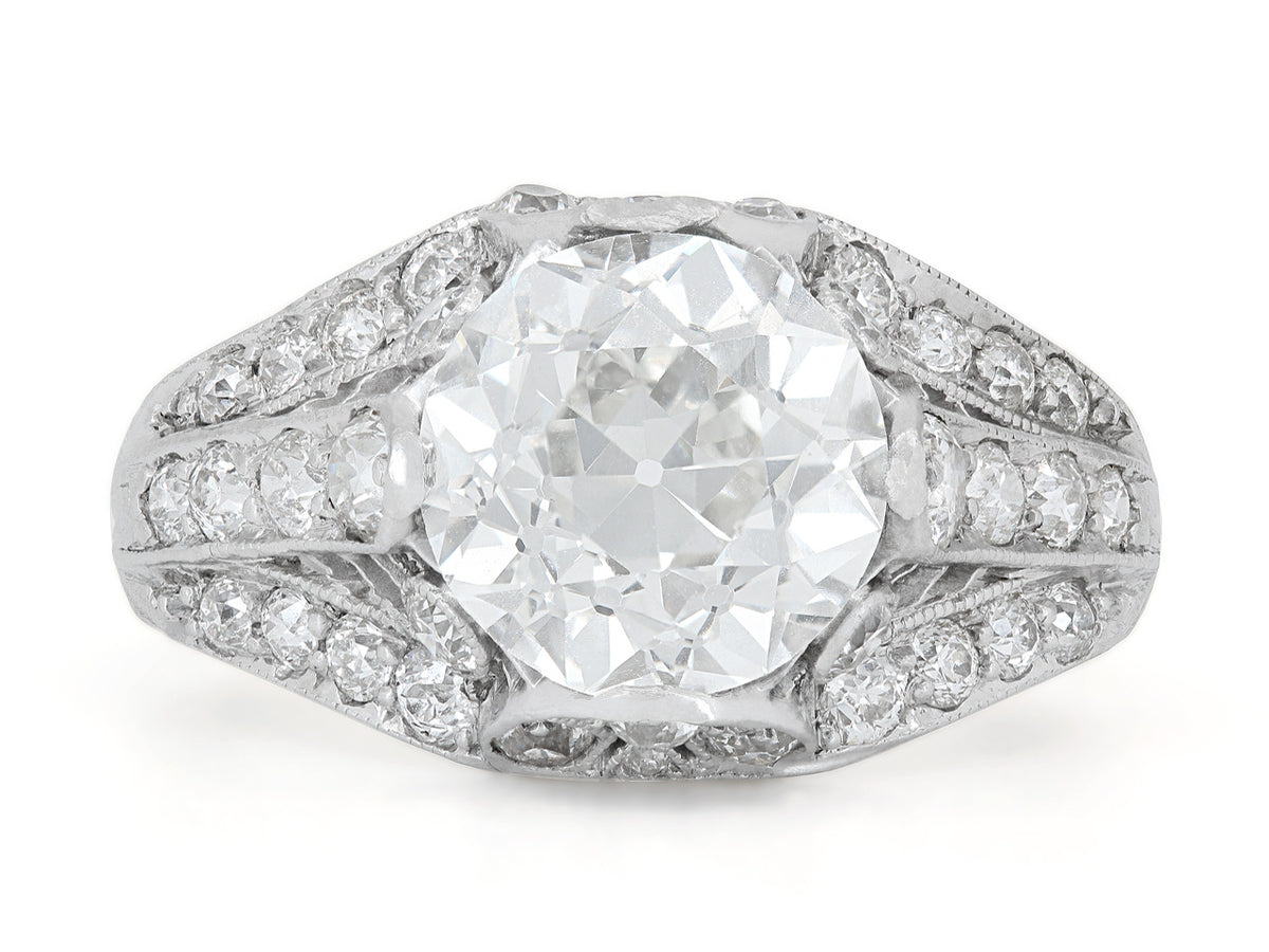 Art Deco platinum ring with a large old European cut diamond