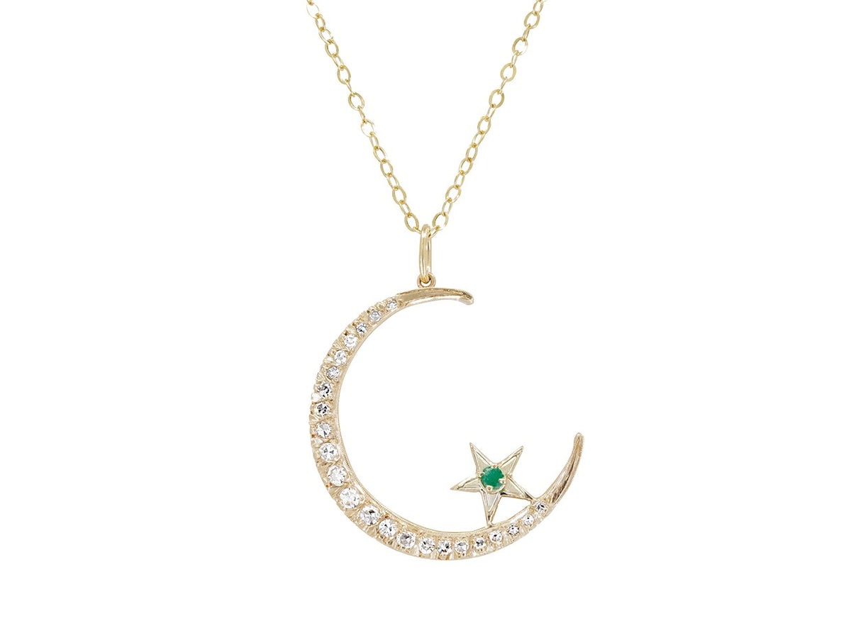 Diamond crescent pendant with emerald star on gold chain
