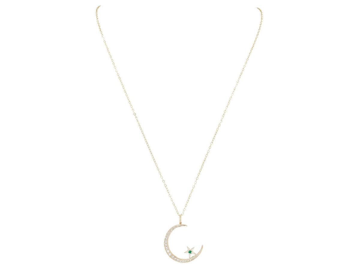 14K gold crescent pendant with diamonds and emerald star