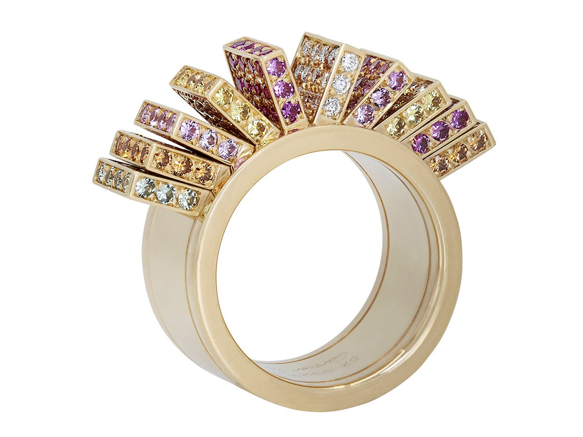 Cartier 18K yellow gold fan ring with sapphires and diamonds