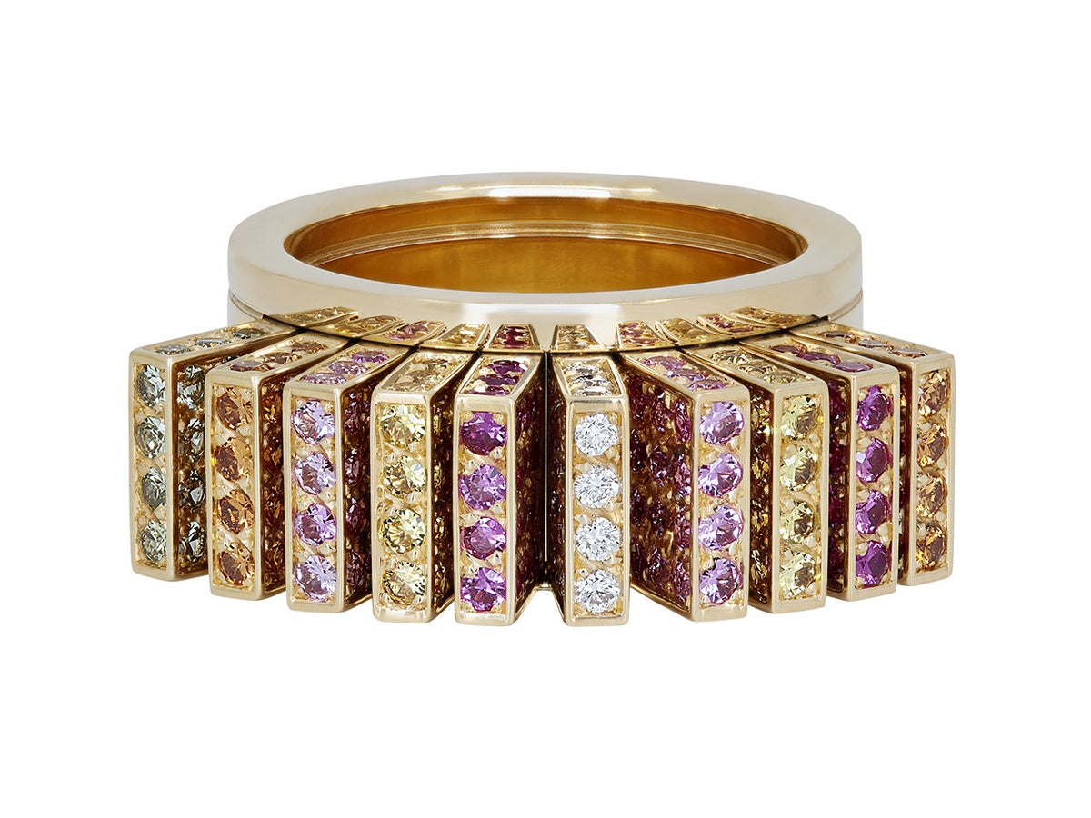 18K yellow gold fan ring with sapphires and diamonds