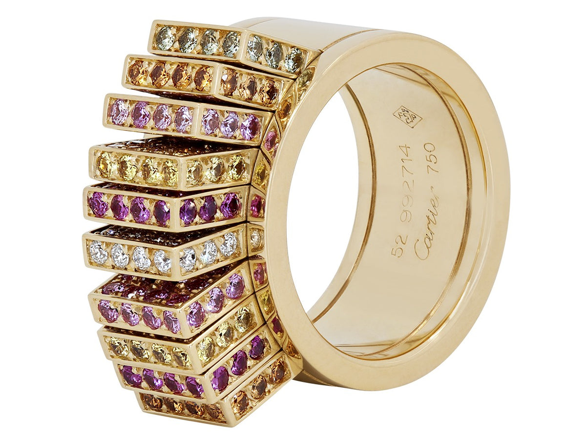 18K yellow gold fan ring with diamonds and sapphires