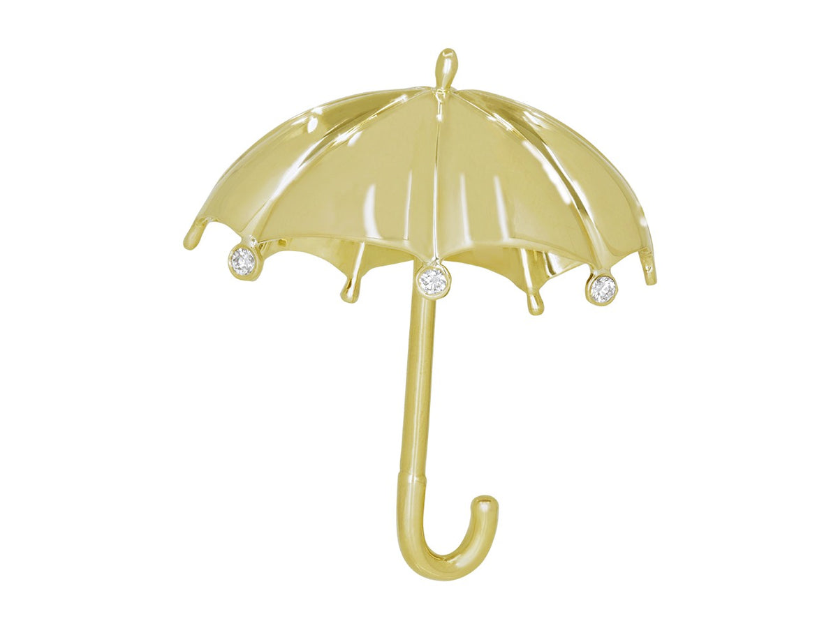 Open umbrella brooch in polished 18k yellow gold with diamonds