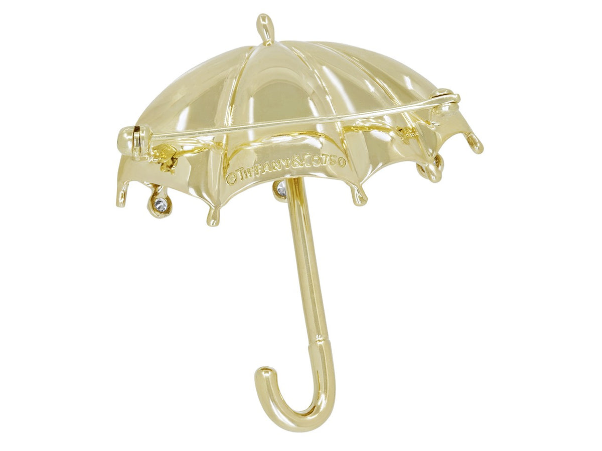 18K yellow gold umbrella brooch with three diamonds
