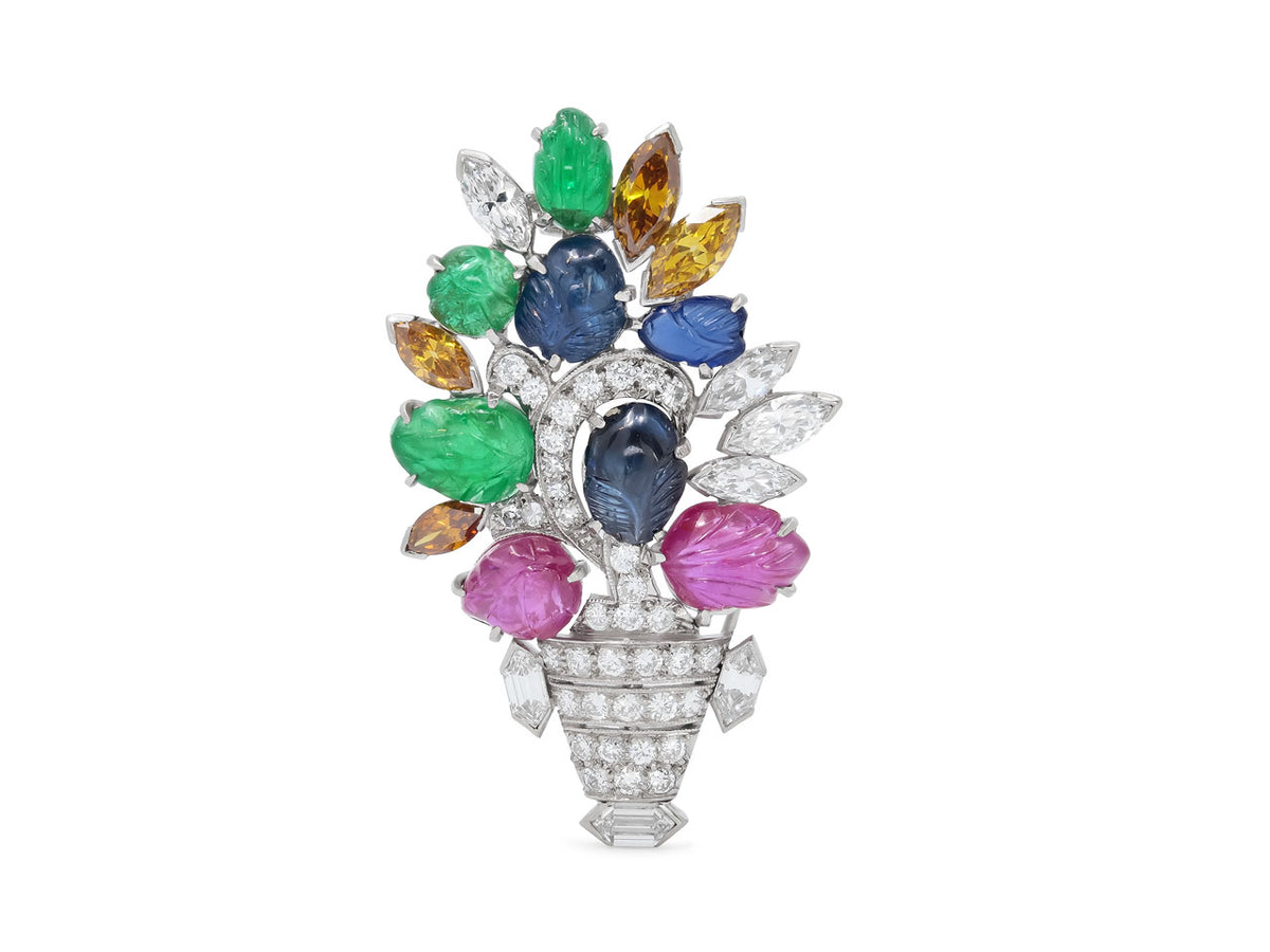Art Deco platinum brooch with gemstone flowers and diamonds