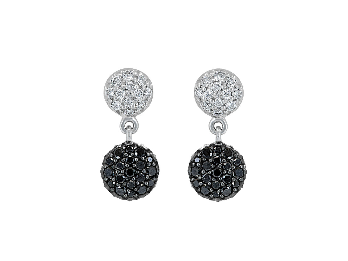 White gold drop earrings with white and black diamond discs
