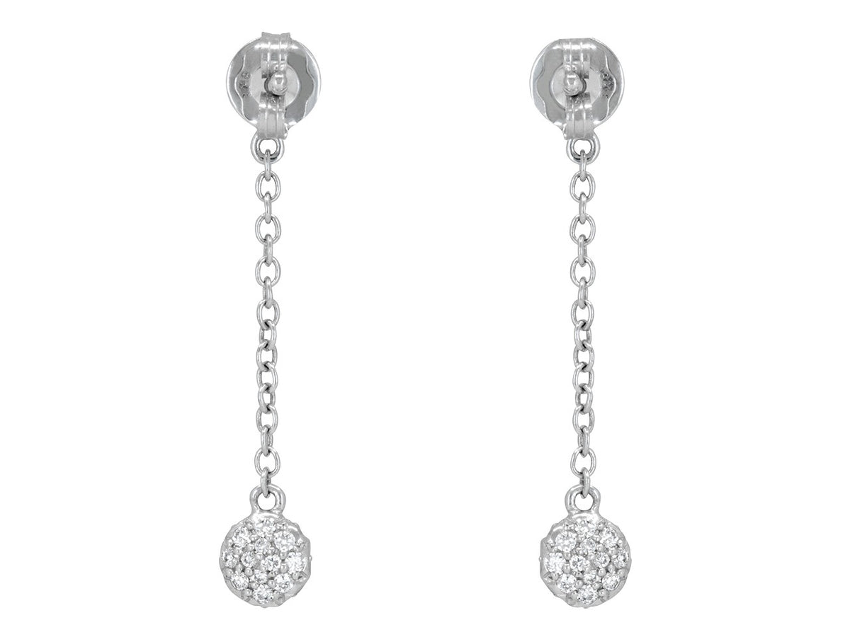 White gold dangle earrings with pavé diamond dot pendants