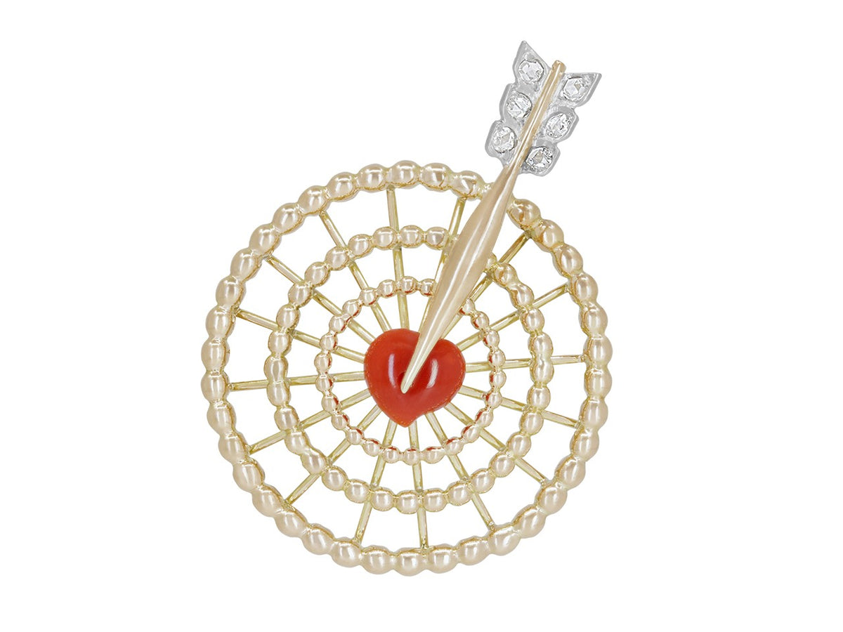 Gold bullseye brooch with coral heart and diamond arrow