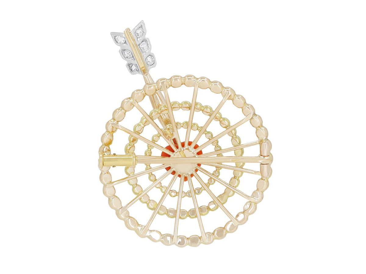 14K gold bullseye brooch with coral heart and arrow