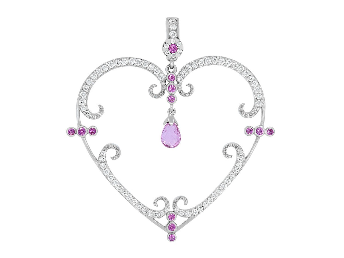Open heart diamond and pink sapphire pendant in white gold