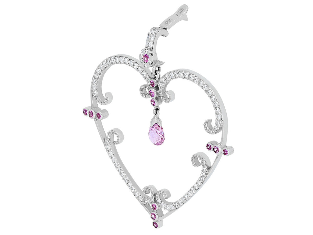 Open heart pendant with diamonds and pink sapphires