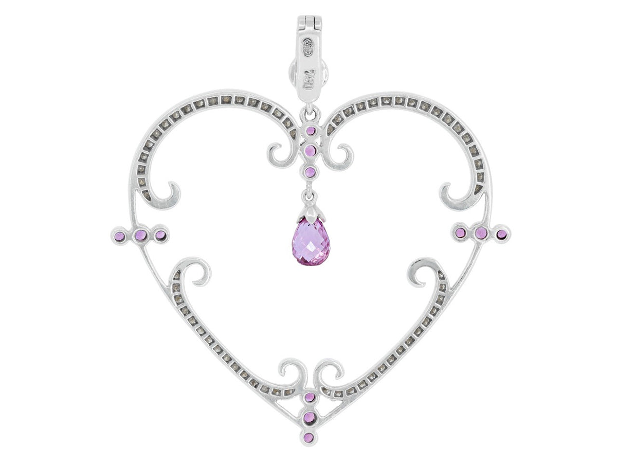 Open heart pendant with diamonds and pink sapphires in white gold