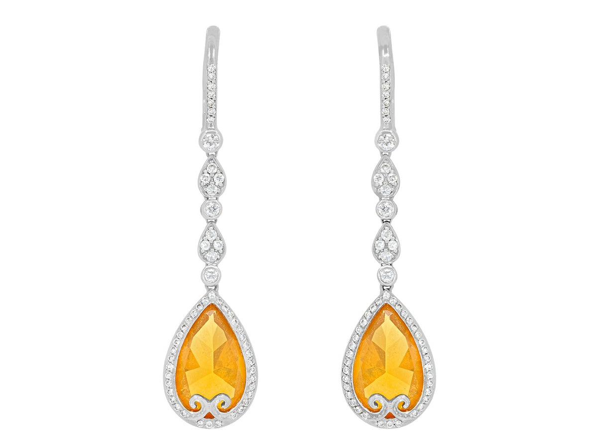 Orange opal and diamond drop earrings in 18K white gold