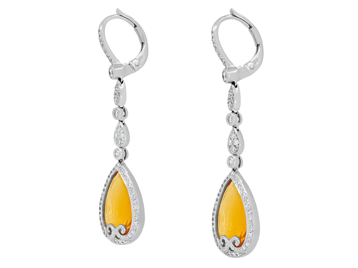 Orange opal and diamond drop earrings in white gold