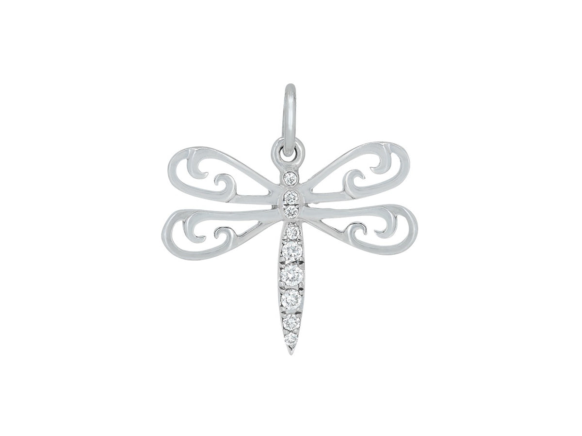 White gold dragonfly pendant with diamond-set body