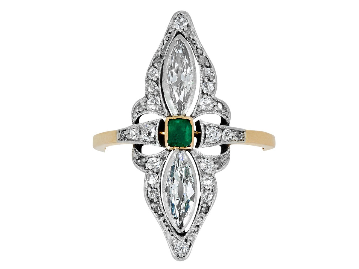 Square emerald ring with marquise diamond accents