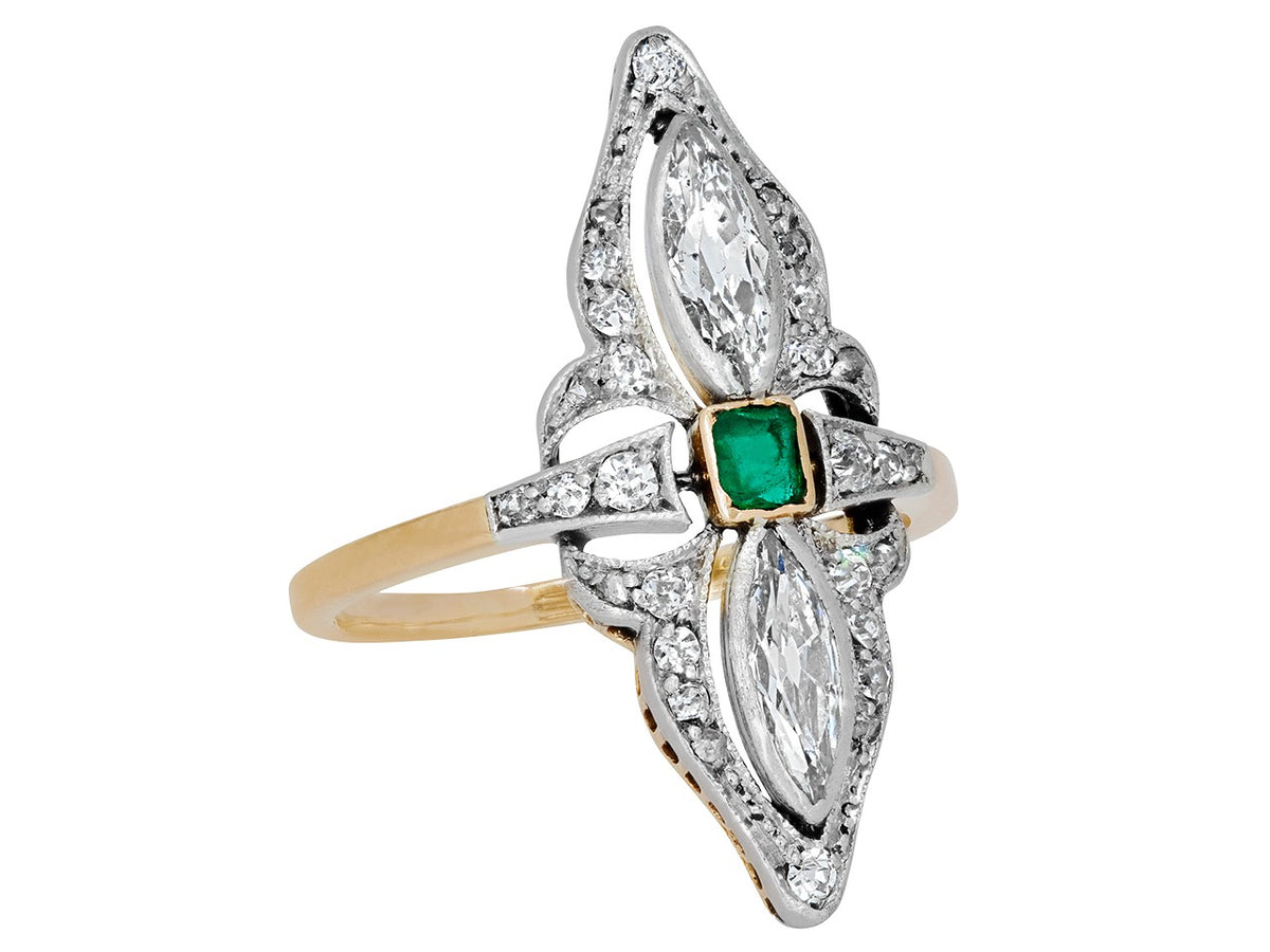 Antique Edwardian emerald ring with marquise diamonds