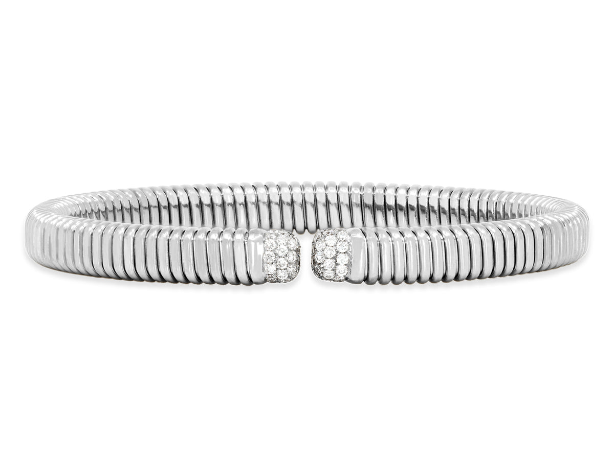 Thin 18K white gold tubogas bangle with diamond terminals