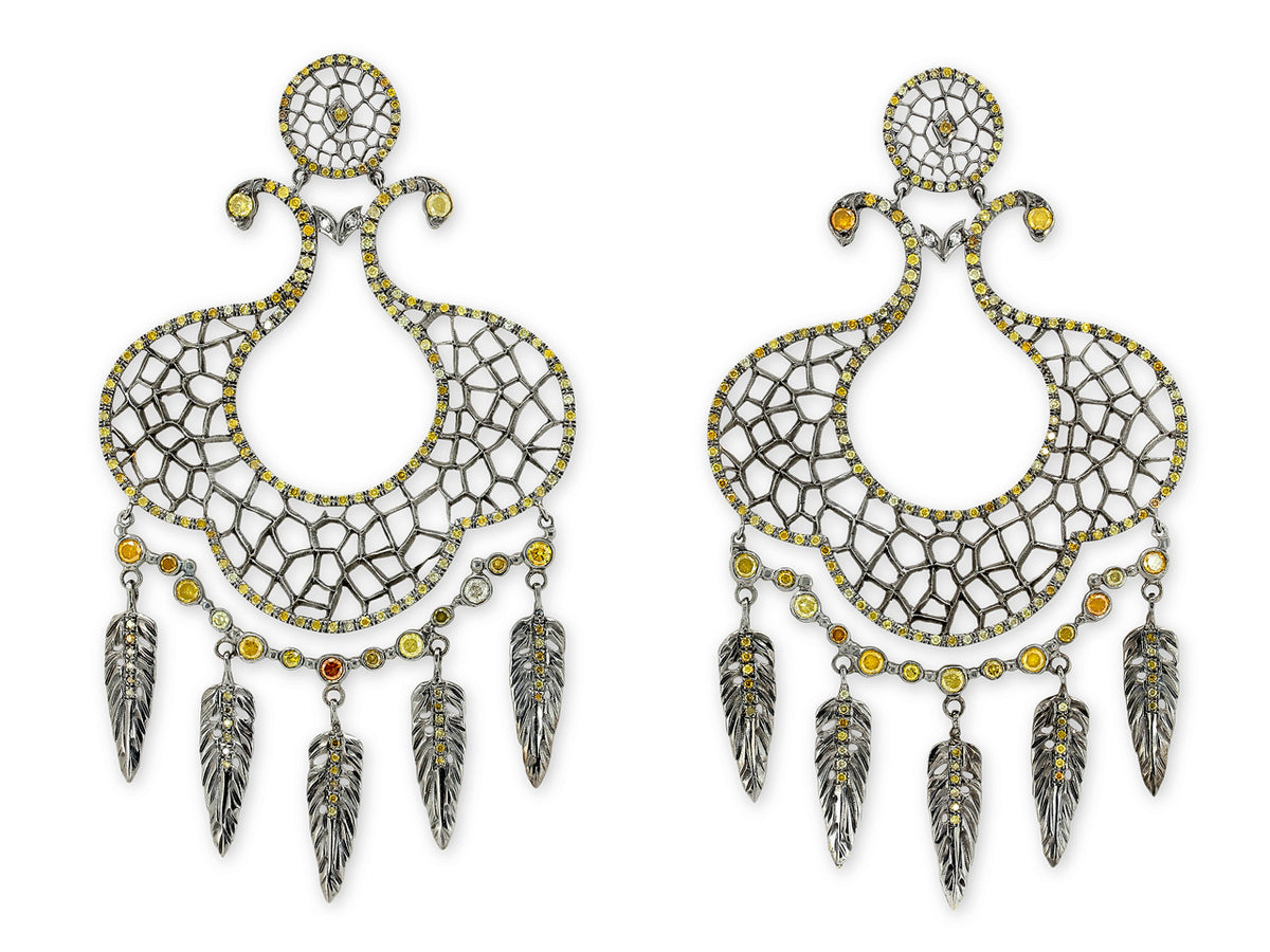 Blackened gold dreamcatcher earrings with feather drops