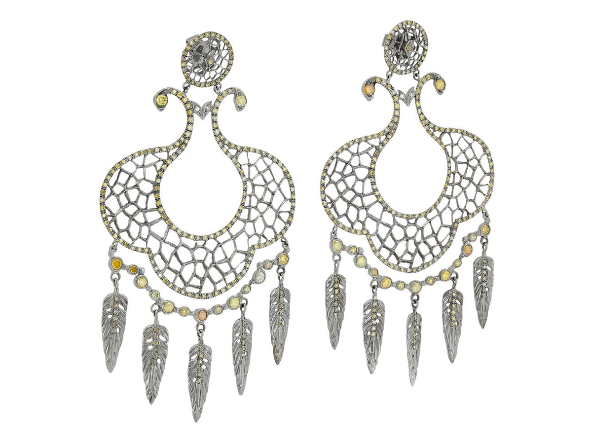 Blackened gold dreamcatcher earrings with diamond feather charms