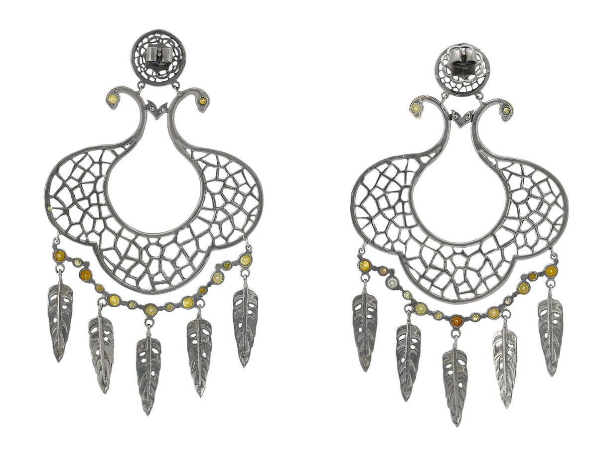 Blackened gold dreamcatcher earrings with yellow diamonds and feather drops