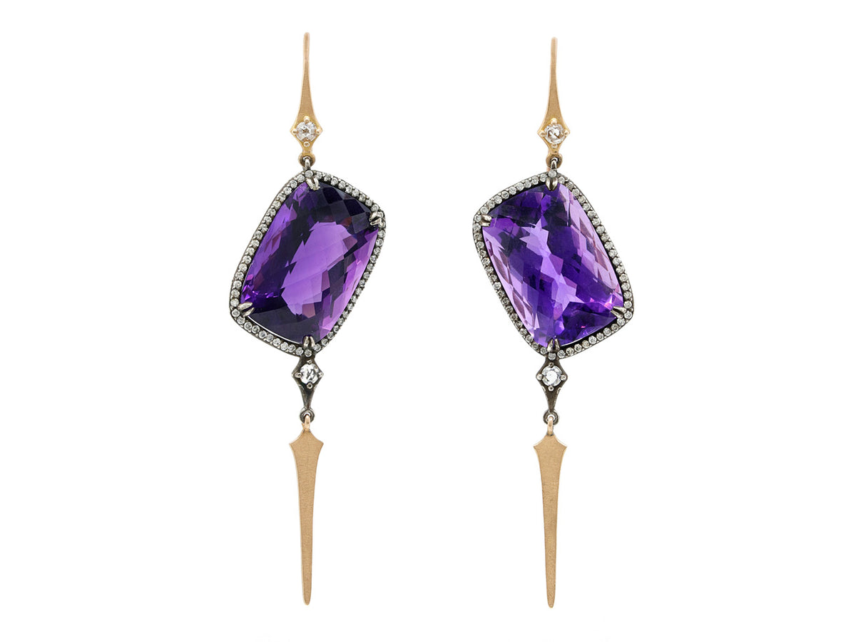 Purple amethyst diamond earrings with gold dagger drops