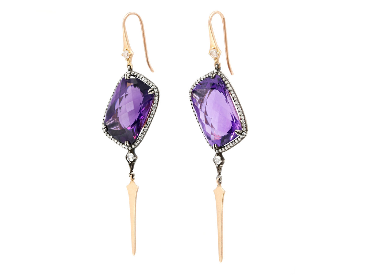 Amethyst and diamond drop earrings with gold dagger pendants