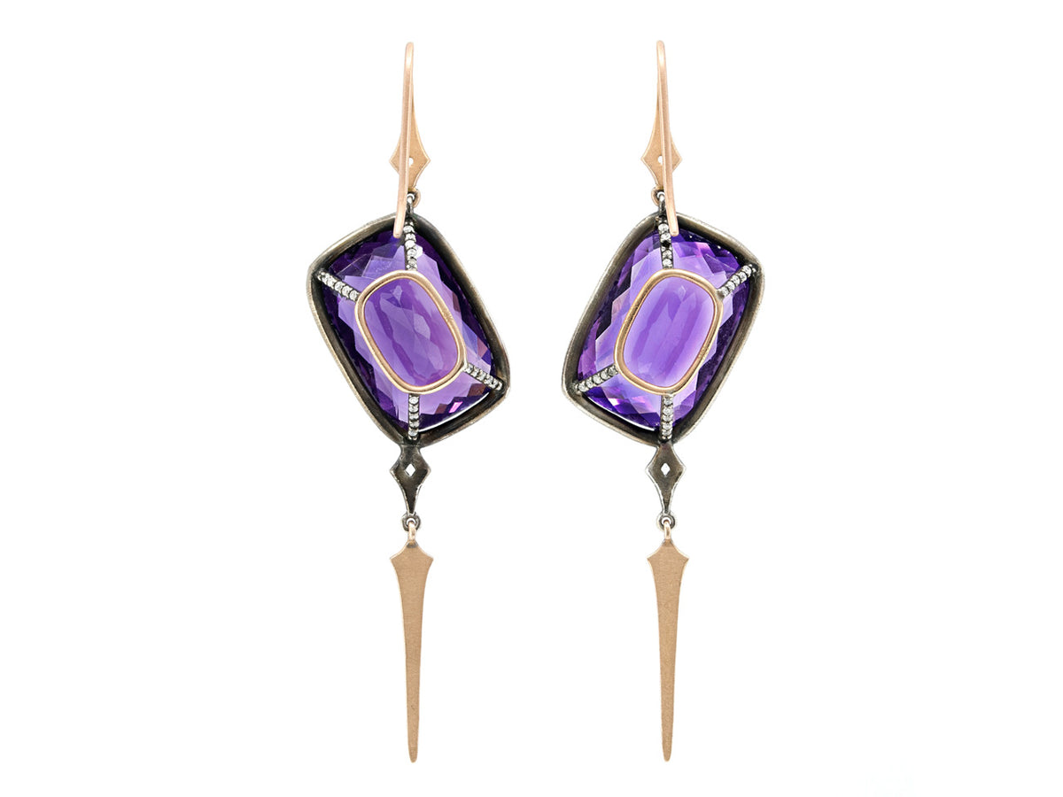 Purple amethyst earrings with diamond accents and gold dagger charms